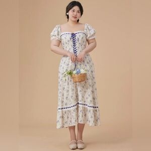 Corset Lace-Up Midi Dress in Cream with Blue Floral